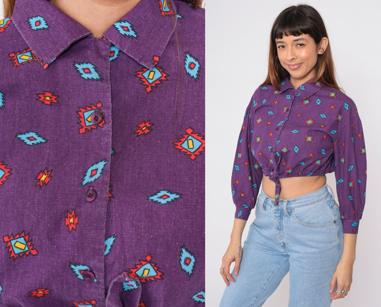 90s Arizona Jean Company Southwestern Crop Top Purple Button-Up Medium