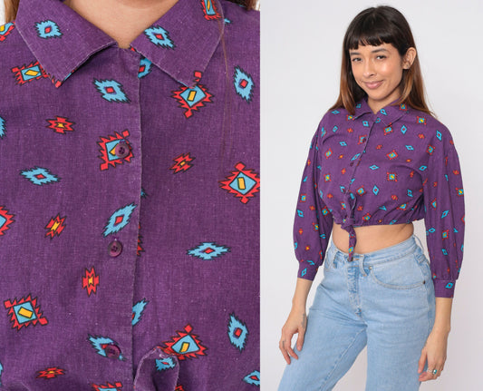 90s Arizona Jean Company Southwestern Crop Top Purple Button-Up Medium