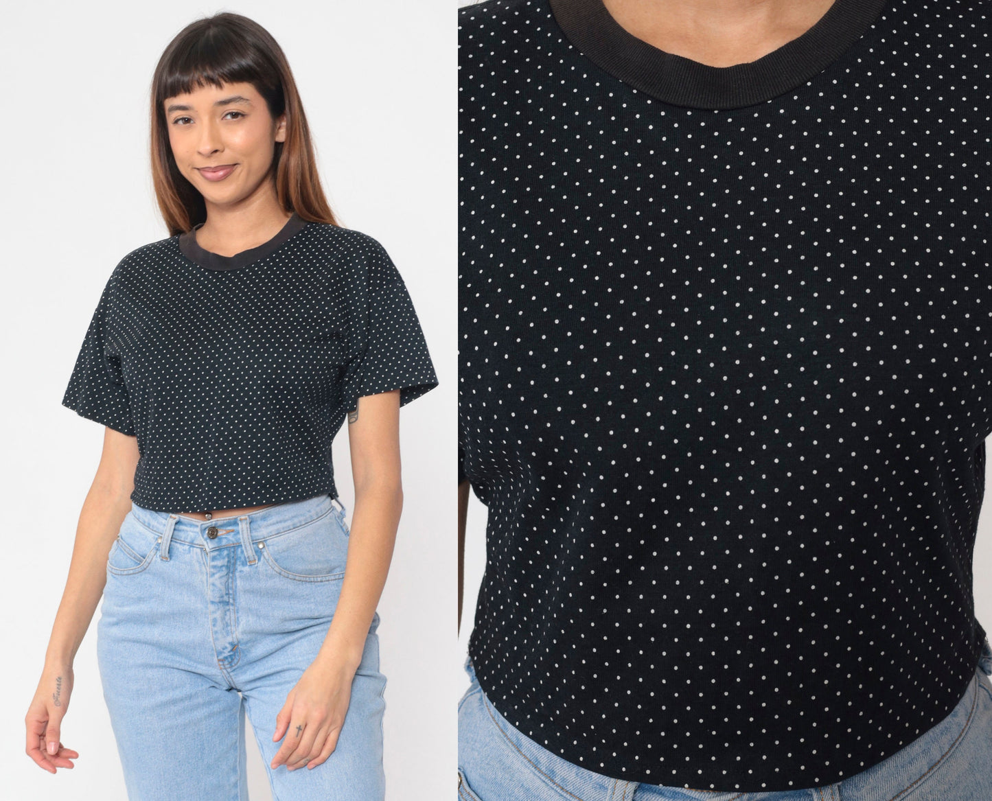 90s Black Polka Dot Crop Top White Print Short Sleeve Baby Tee Large L
