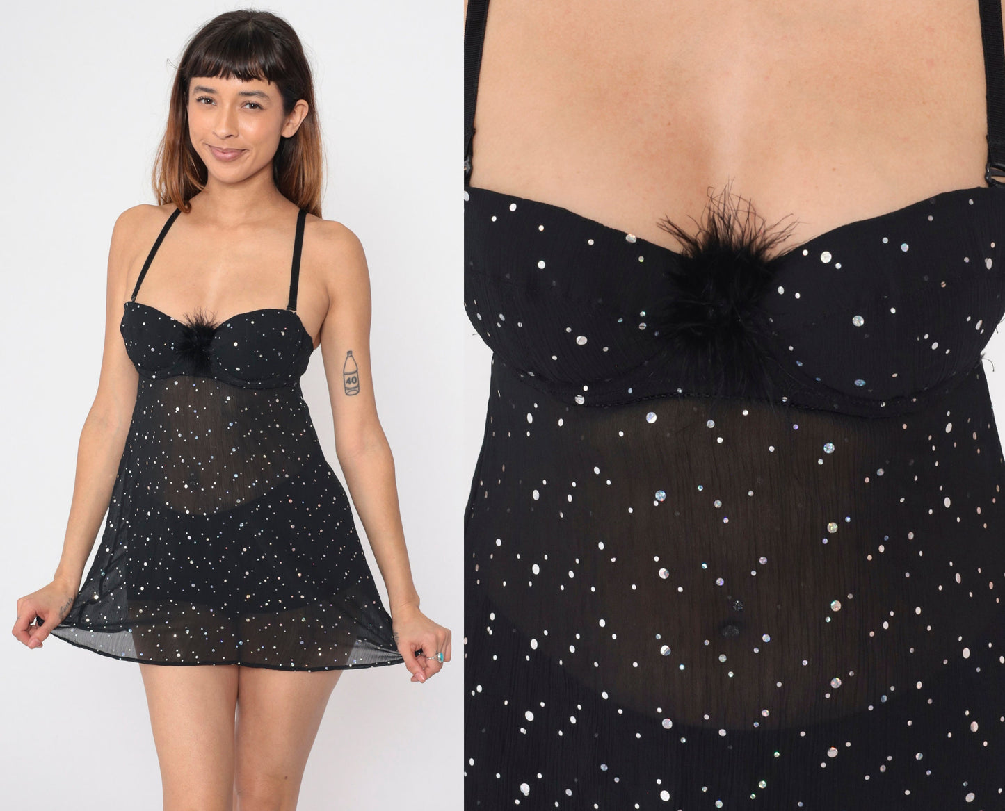 00s Black Babydoll Slip Dress Iridescent Dots Feather Trim Spaghetti Strap Medium