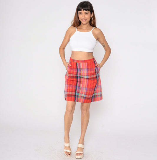 80s Red Plaid Mini Skirt High Waisted Built-In Shorts Slit Medium