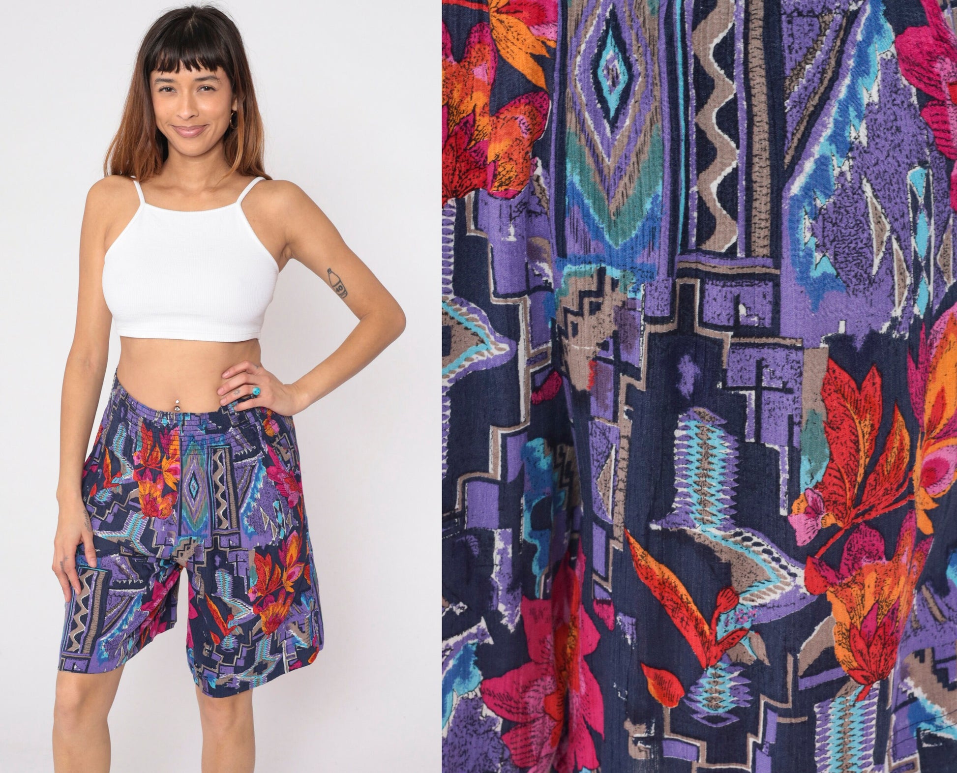 90s Carole Little Abstract Floral Wide Leg Shorts Purple Geometric Print Small