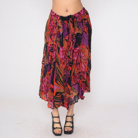 90s Floral Broomstick Midi Skirt Pleated Drawstring Waist Black Purple Red Orange Extra Large