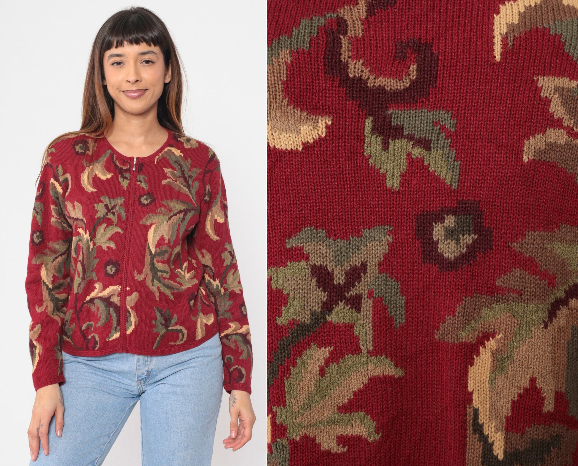00s Talbots Leaf Print Cardigan Red Cotton Ramie Zip Knit Small S