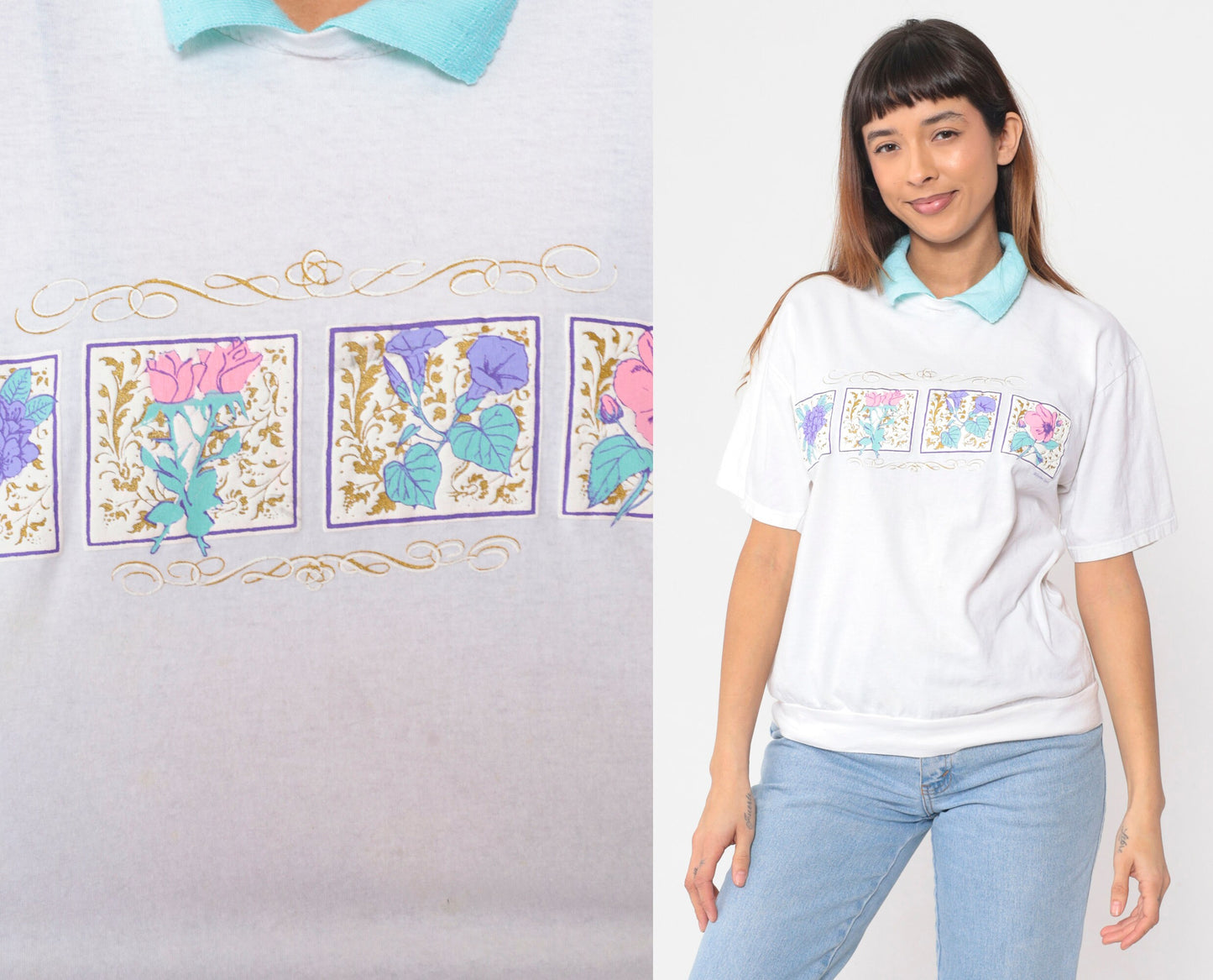 90s White Floral Collared Shirt Gold Metallic Print Blue Collar Large L