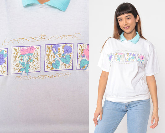 90s White Floral Collared Shirt Gold Metallic Print Blue Collar Large L
