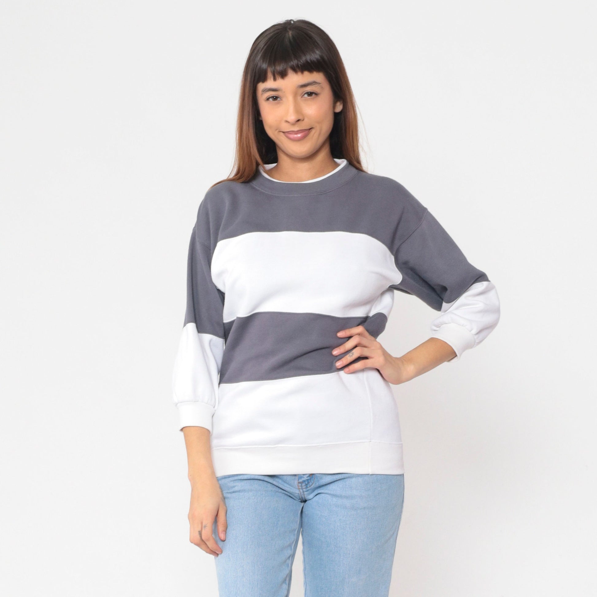 90s Striped Color Block Sweatshirt White Grey Crewneck Small