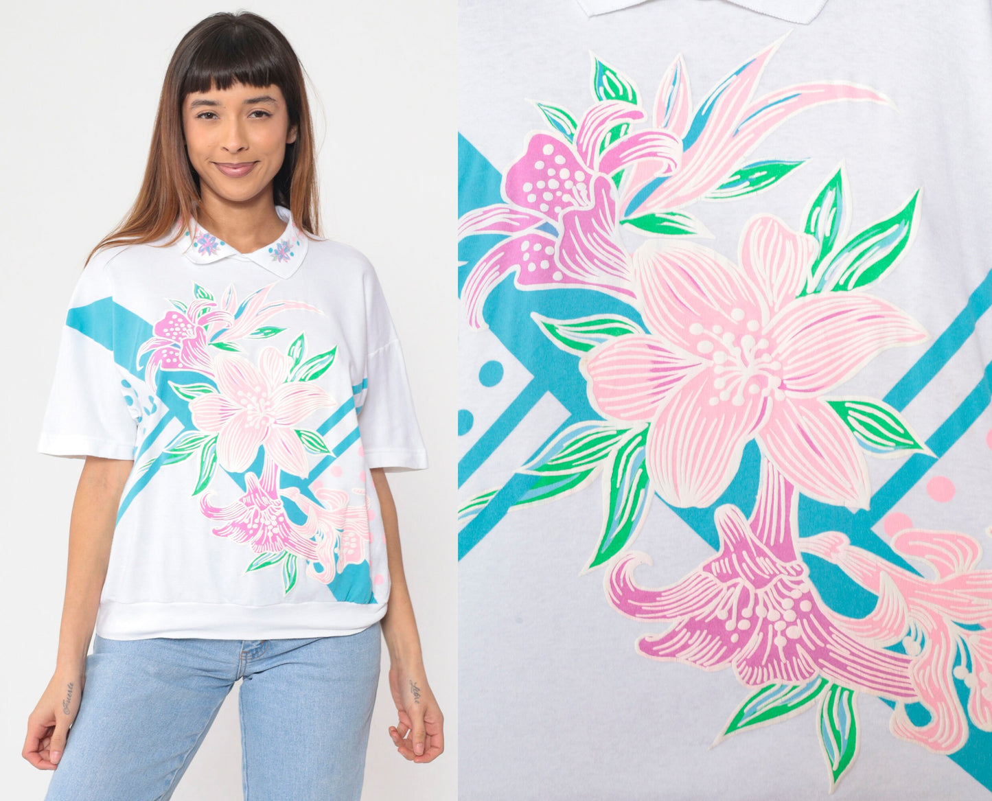 90s White Floral Collared Blouse Abstract Lily Print Short Sleeve Banded Hem Large L