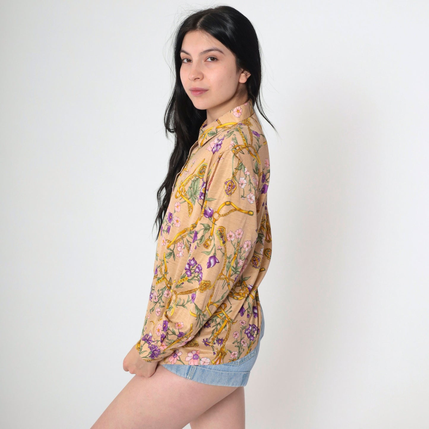 00s Baroque Floral Button-Up Blouse Tan Long Sleeve Collared Shirt Large L