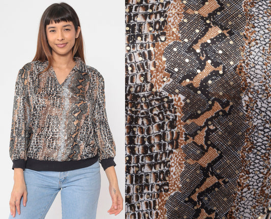 80s Snakeskin Print Blouse Collared V-Neck 3/4 Sleeve Banded Hem Large L