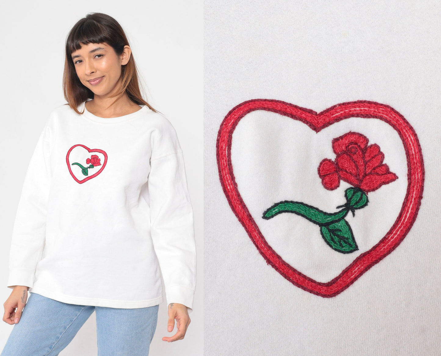 80s Heart Rose Embroidered Long Sleeve Shirt White Floral Top Large
