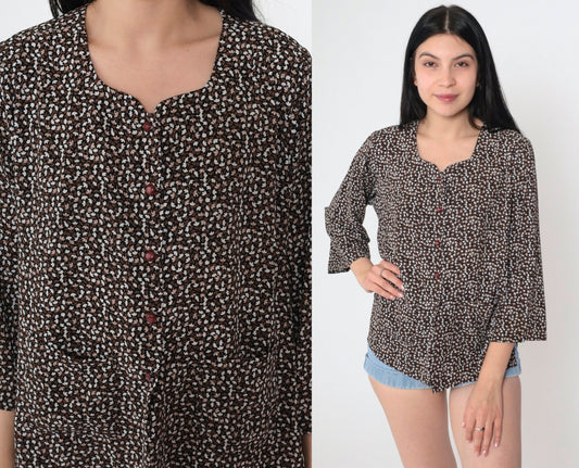 90s Calico Floral Button Up Blouse Black White Brown Ditsy Print 3/4 Sleeve Medium M