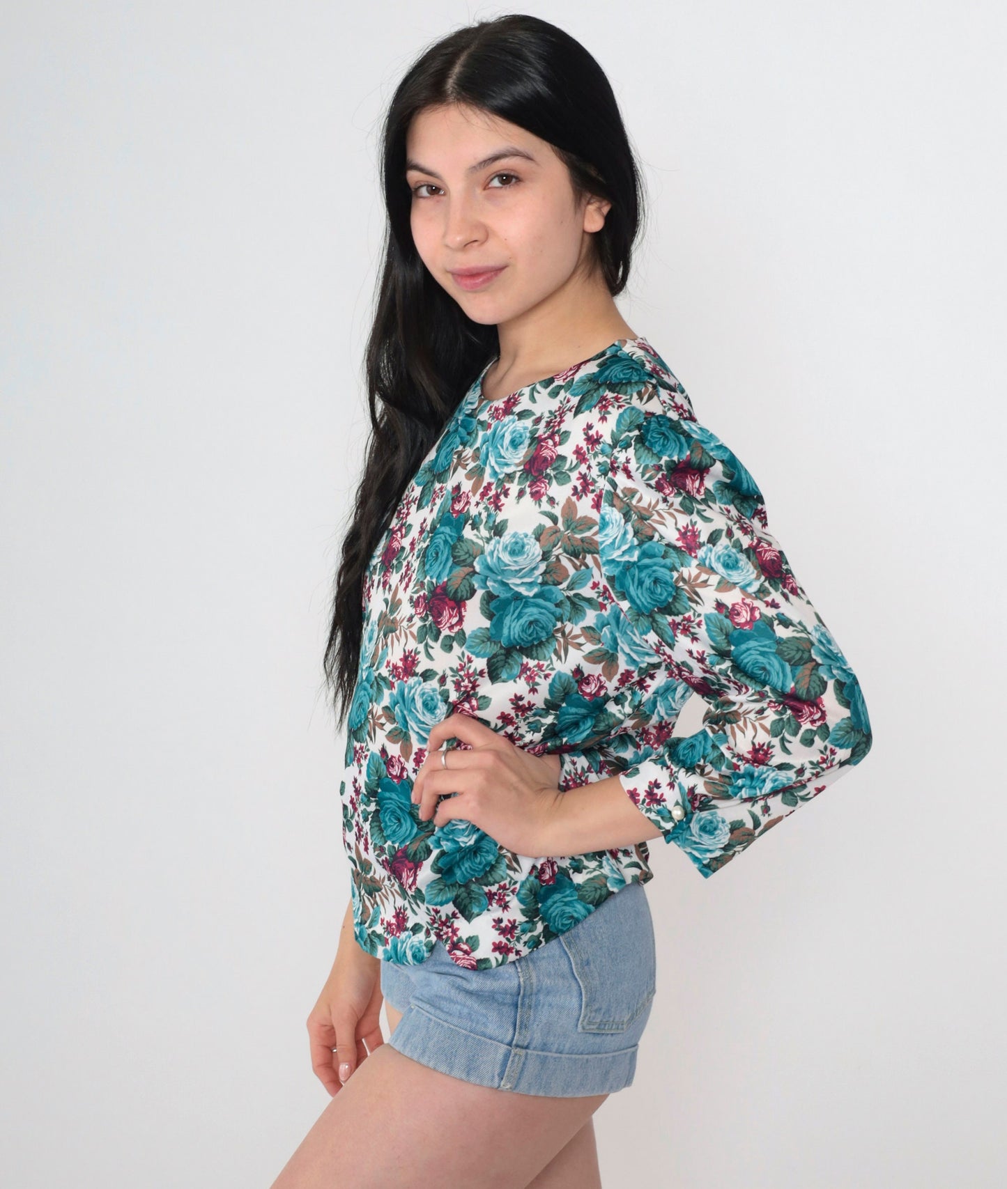 80s Whirlaway Frocks Floral Blouse Puff Sleeve Rose Print Turquoise Medium