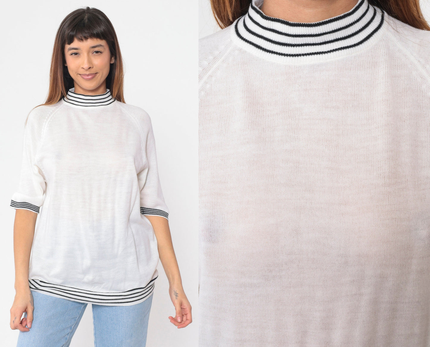 70s Bardoni White Knit Mock Neck Sweater Top Striped Ringer Medium