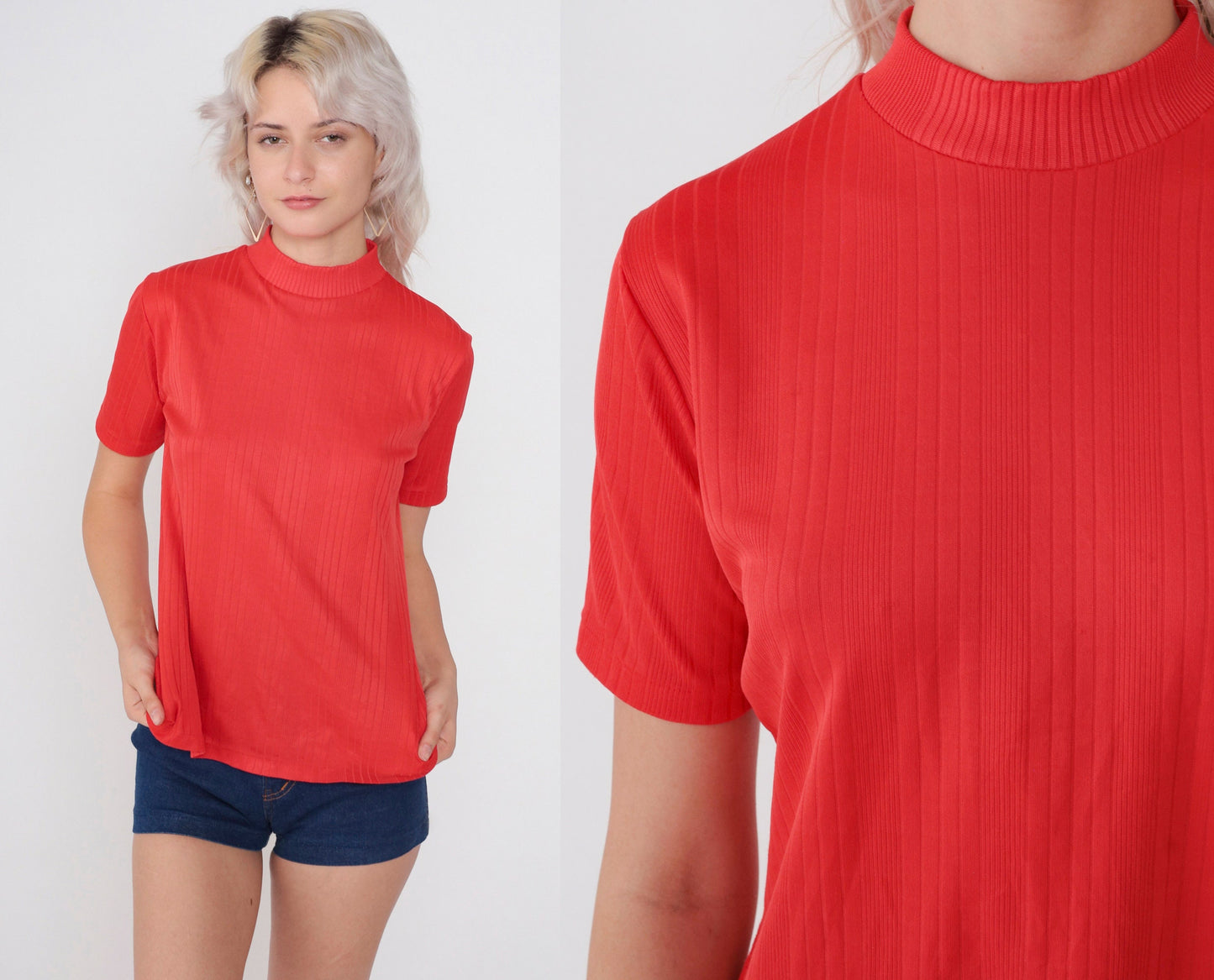 70s Red Mock Neck Ribbed Short Sleeve Blouse Small S