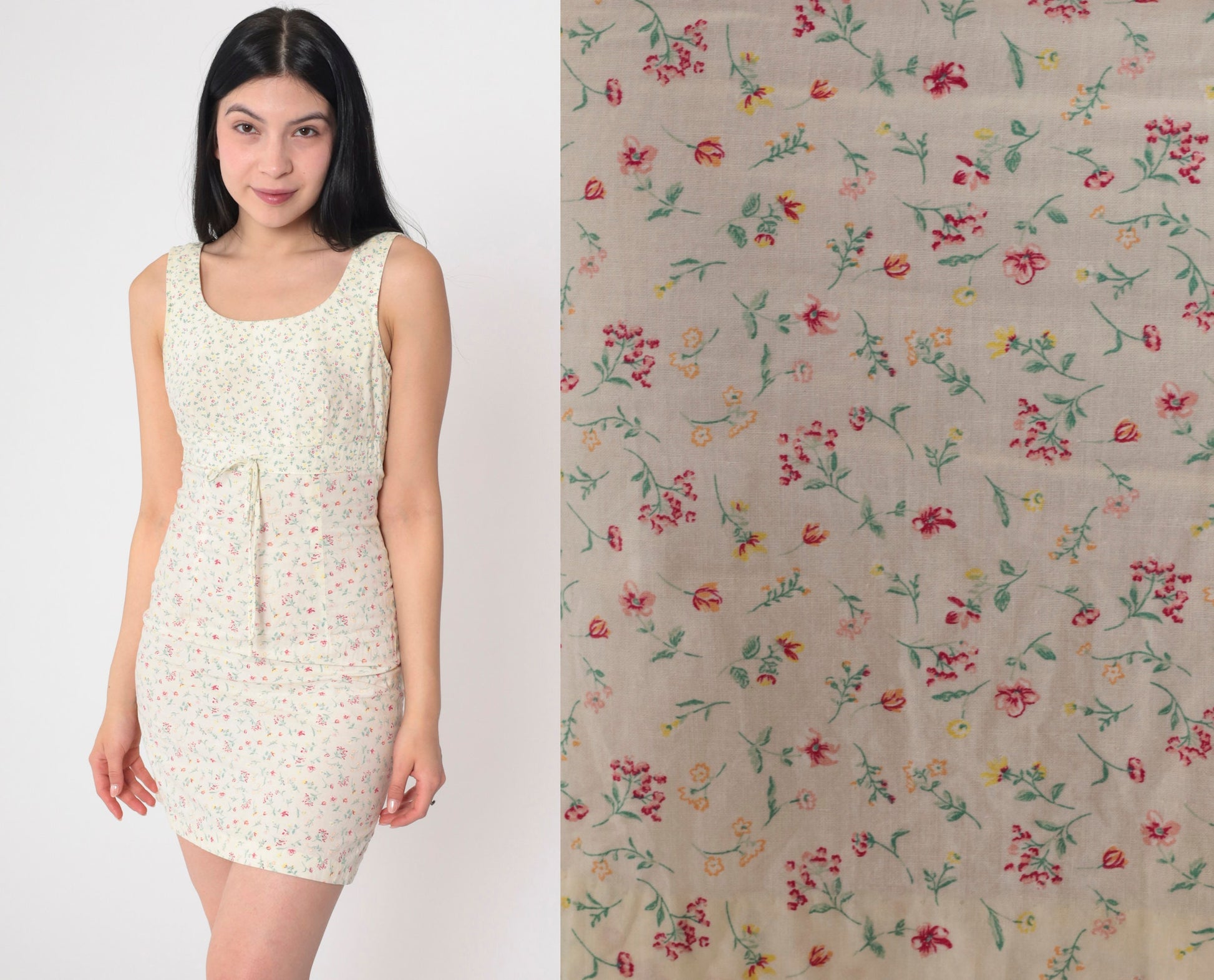 90s City Triangles Floral Mini Dress Pale Yellow Empire Waist Extra Small