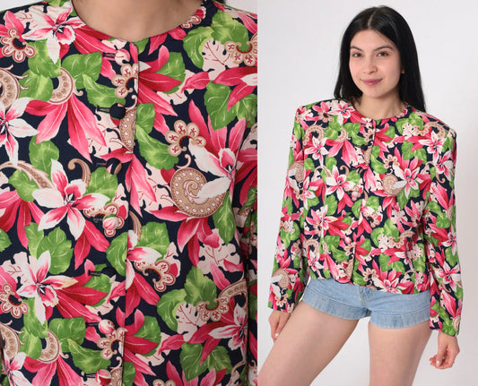 90s Evan Picone Floral Blazer Pink Green Rayon Jacket Large 12