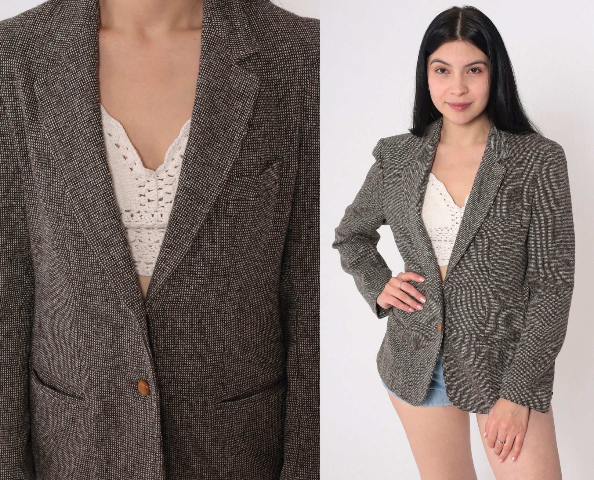 Oscar De La Renta 80s Checkered Blazer Brown V-Neck Tailored Medium