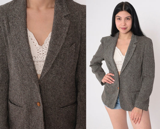 Oscar De La Renta 80s Checkered Blazer Brown V-Neck Tailored Medium