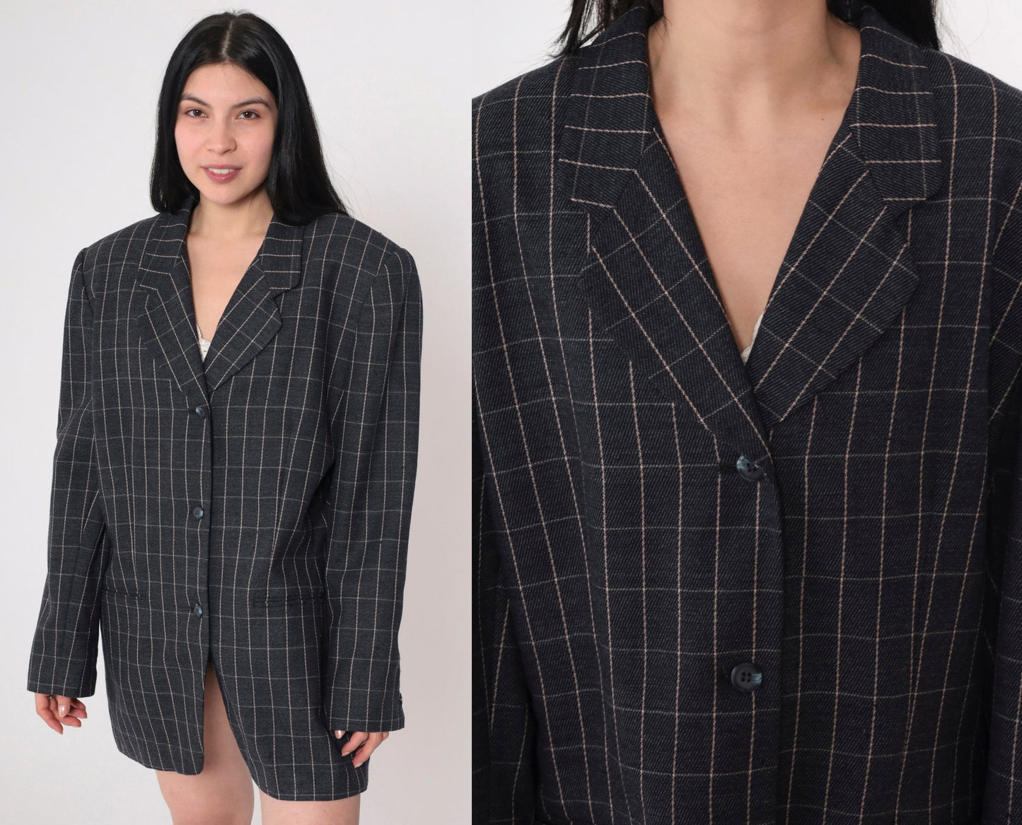 90s Amanda Smith Wool Blazer Charcoal Checkered Button-Up Extra Large