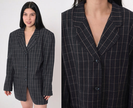 90s Amanda Smith Wool Blazer Charcoal Checkered Button-Up Extra Large