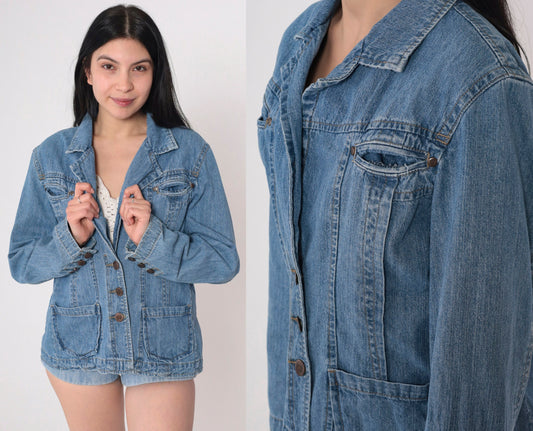 00s Bill Blass Denim Jacket Blue Cotton Button-Up Fitted Extra Large XXL