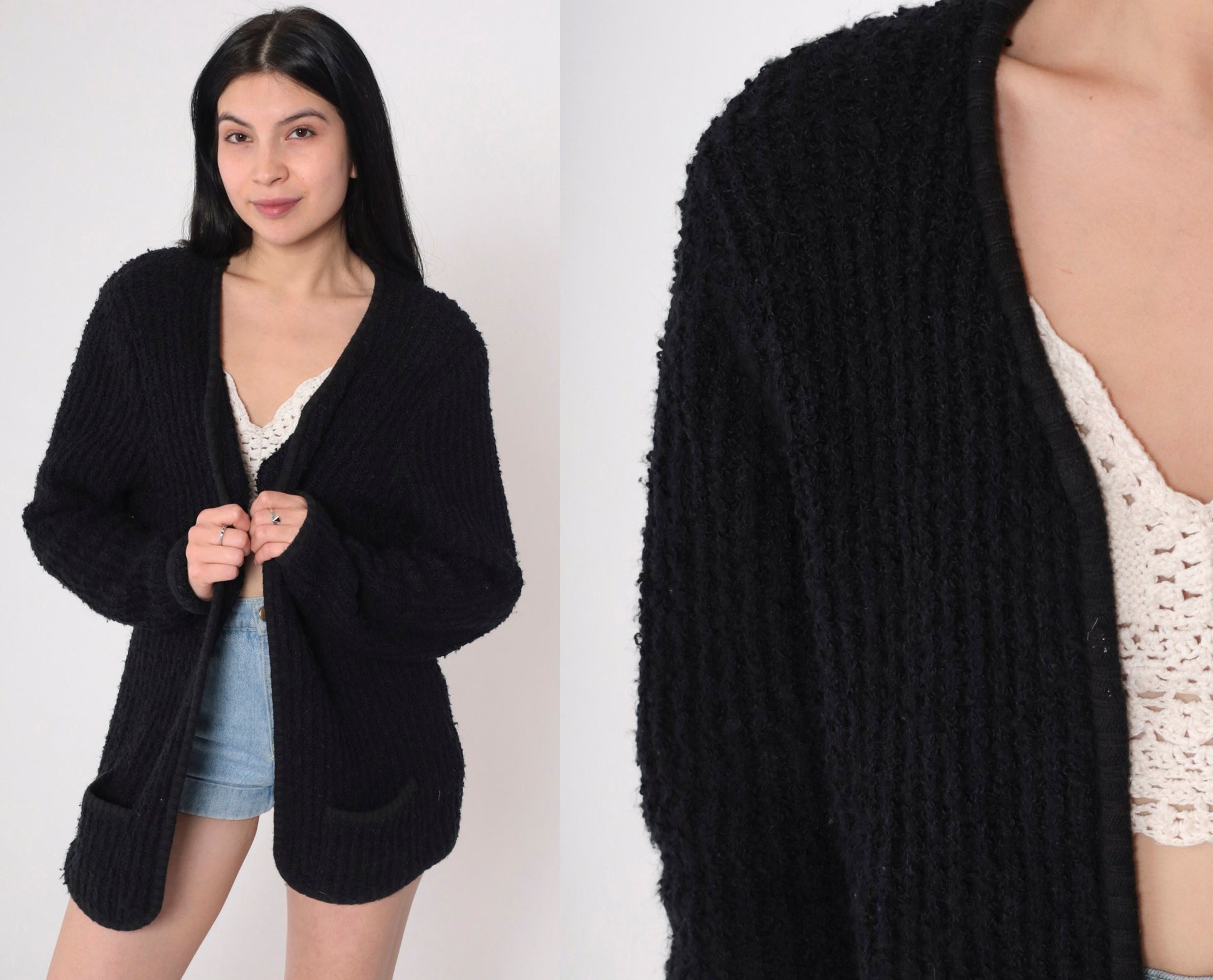 90s Black Ribbed Knit Cardigan Open Front Pockets Medium