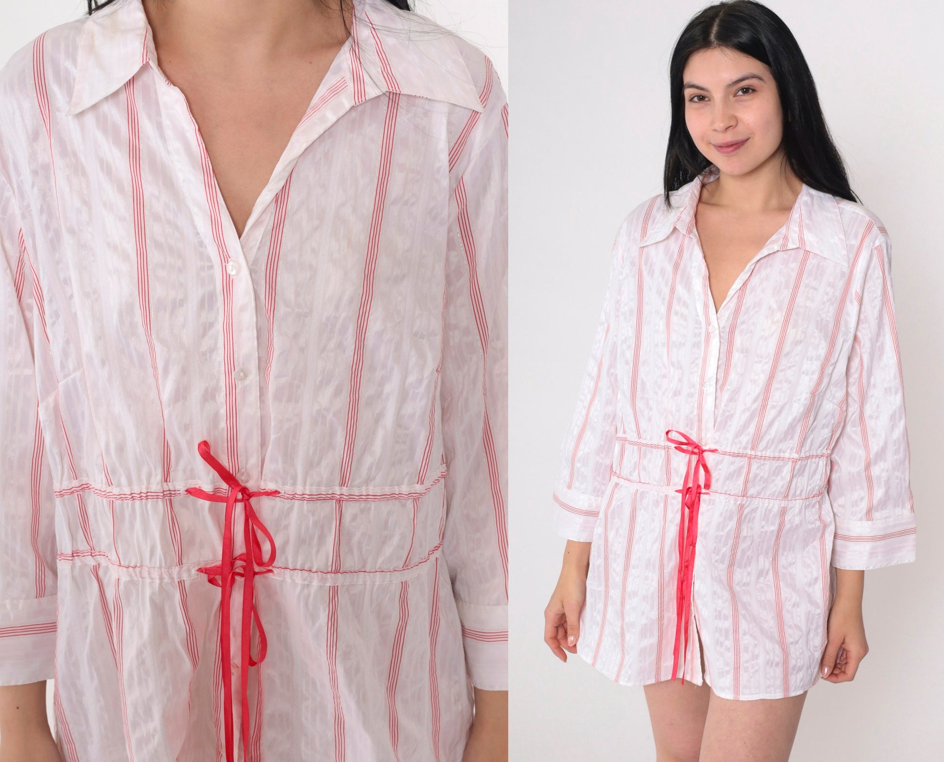 00s Striped Button-Up Blouse Y2K White Red Silver Drawstring Waist Petite Large