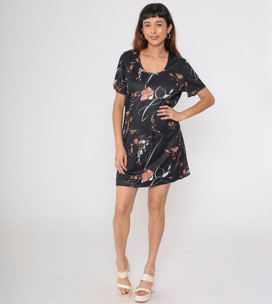 70s Black Floral Abstract Shift Dress Mini Scoop Neck Short Sleeve Medium Large