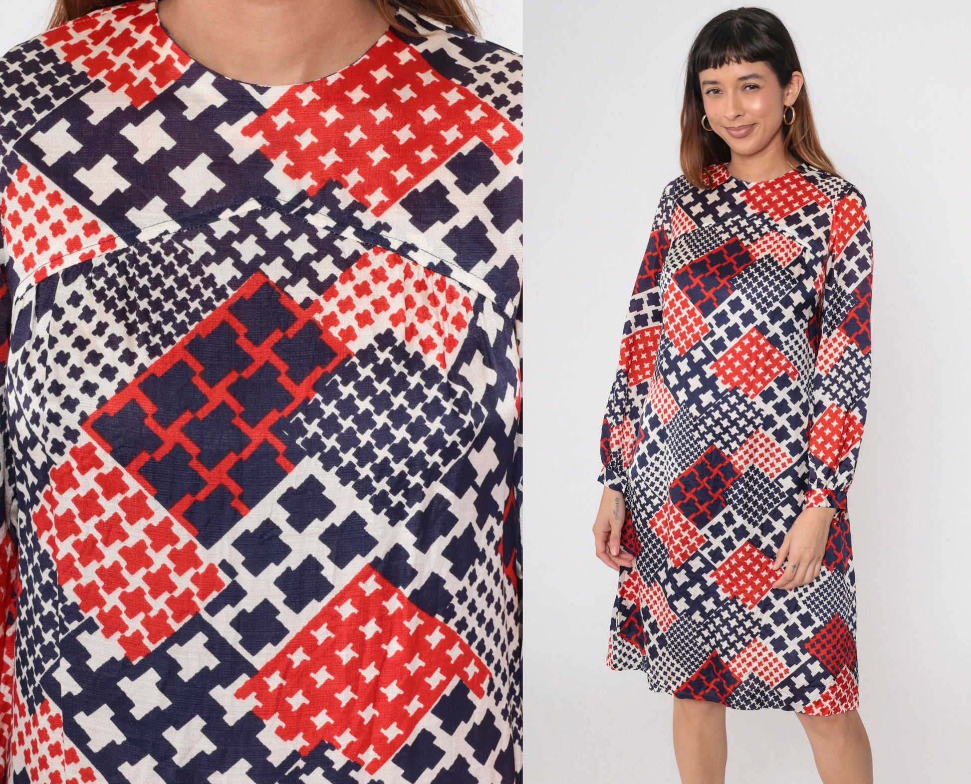 60s Mod Shift Dress Patchwork Houndstooth Red White Blue Small