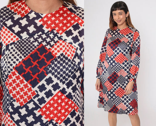 60s Mod Shift Dress Patchwork Houndstooth Red White Blue Small