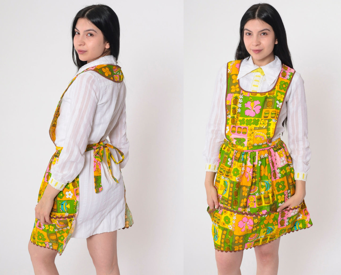 70s Tropical Floral Fish Pineapple Print Apron Dress Open Back Extra Small
