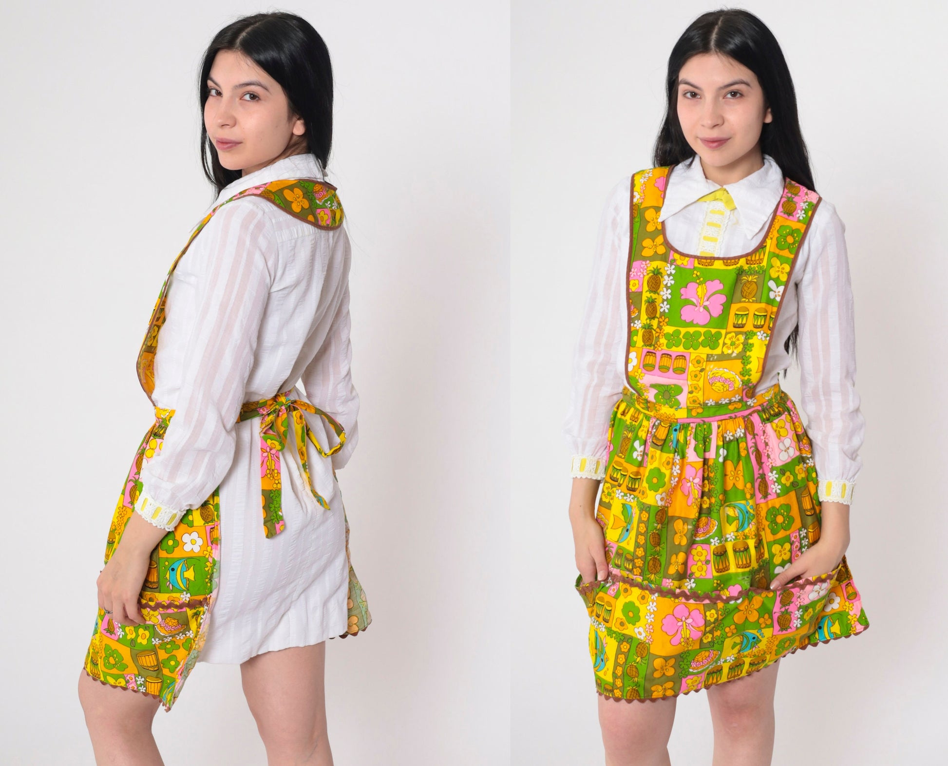70s Tropical Floral Fish Pineapple Print Apron Dress Open Back Extra Small