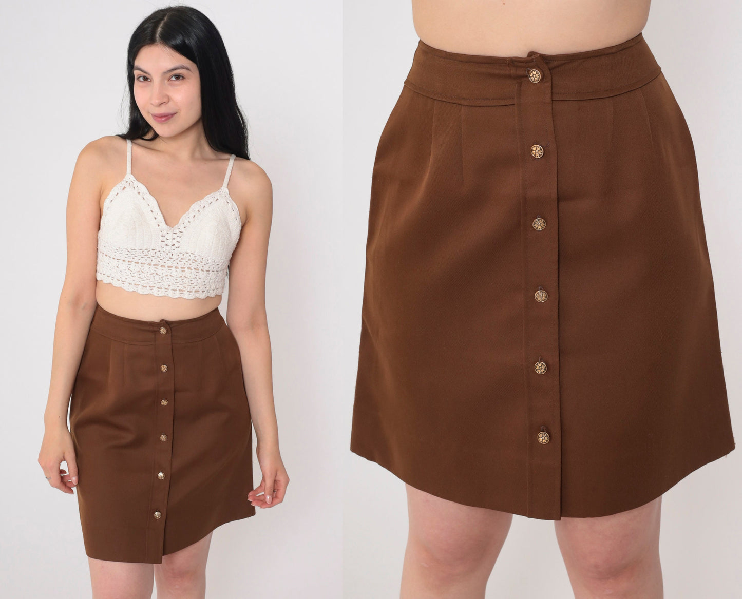 80s Brown Pleated Mini Skirt High Waist Button Front Extra Small