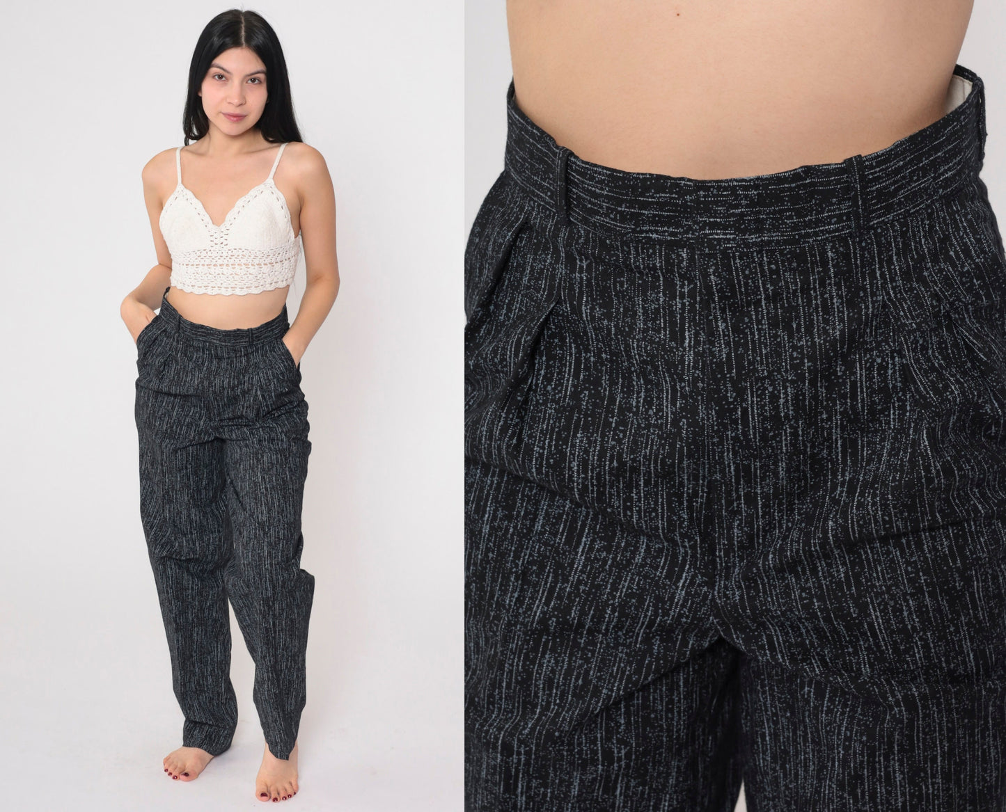 80s Striped Pleated Trousers High Waisted Tapered Black Grey Vertical Stripes Small
