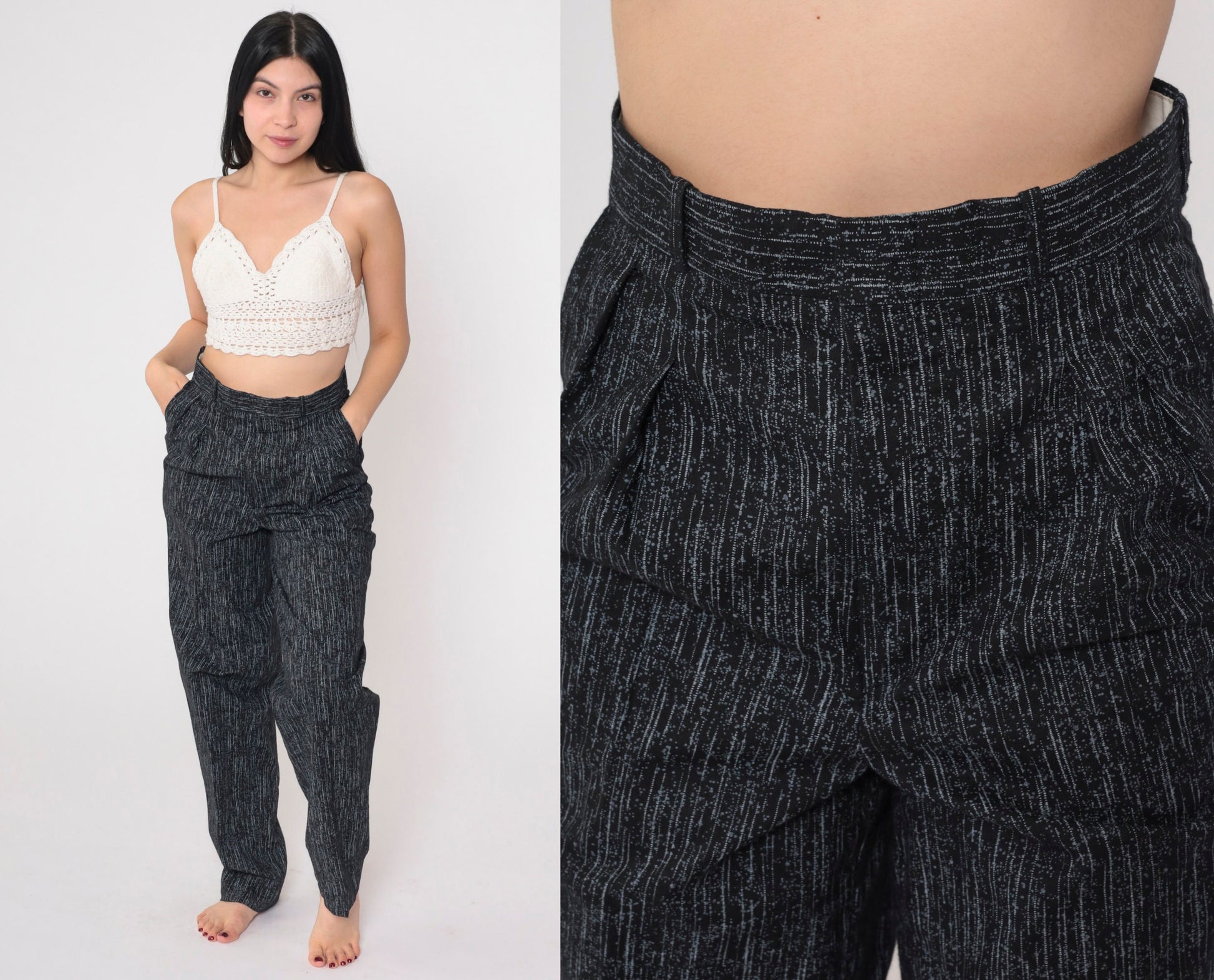 80s Striped Pleated Trousers High Waisted Tapered Black Grey Vertical Stripes Small