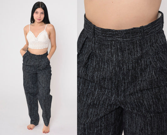 80s Striped Pleated Trousers High Waisted Tapered Black Grey Vertical Stripes Small