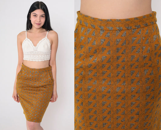 80s Orange Metallic Triangle Wool Blend Mini Pencil Skirt High Waist Small