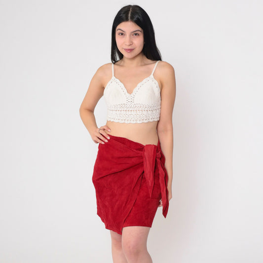80s Red Suede Wrap Mini Skirt High Waisted Leather Small Medium