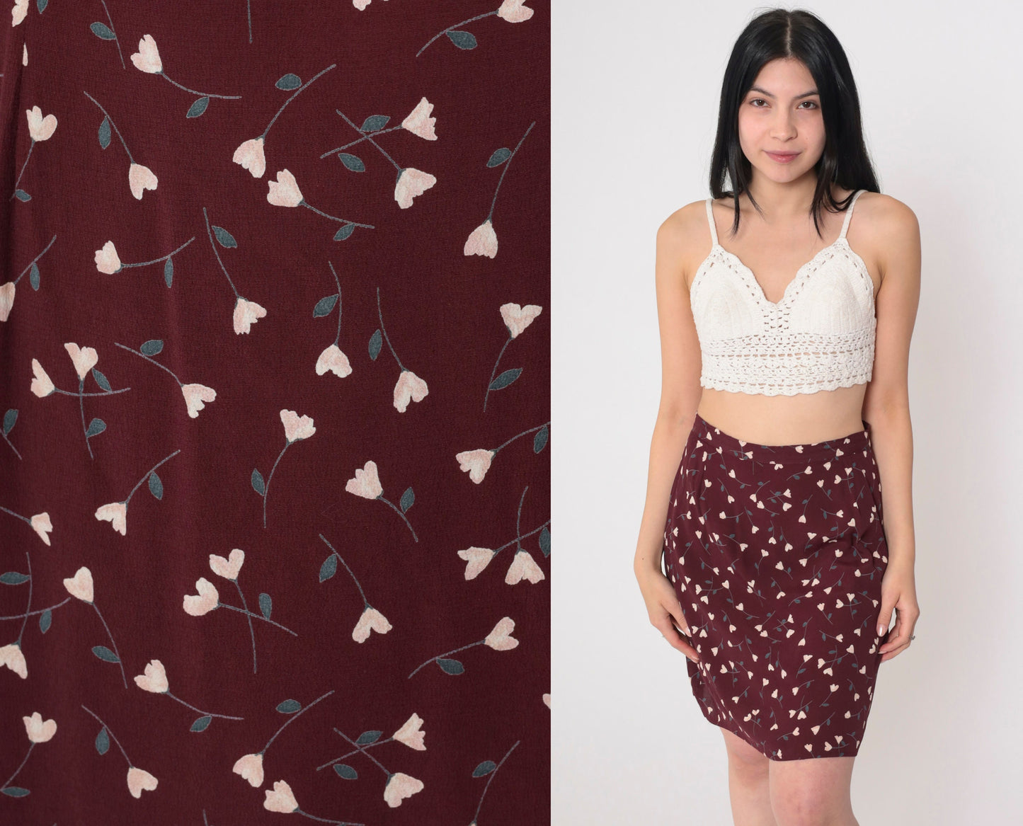 90s Brown Floral Mini Skirt High Waist Ditsy Print Straight Small S