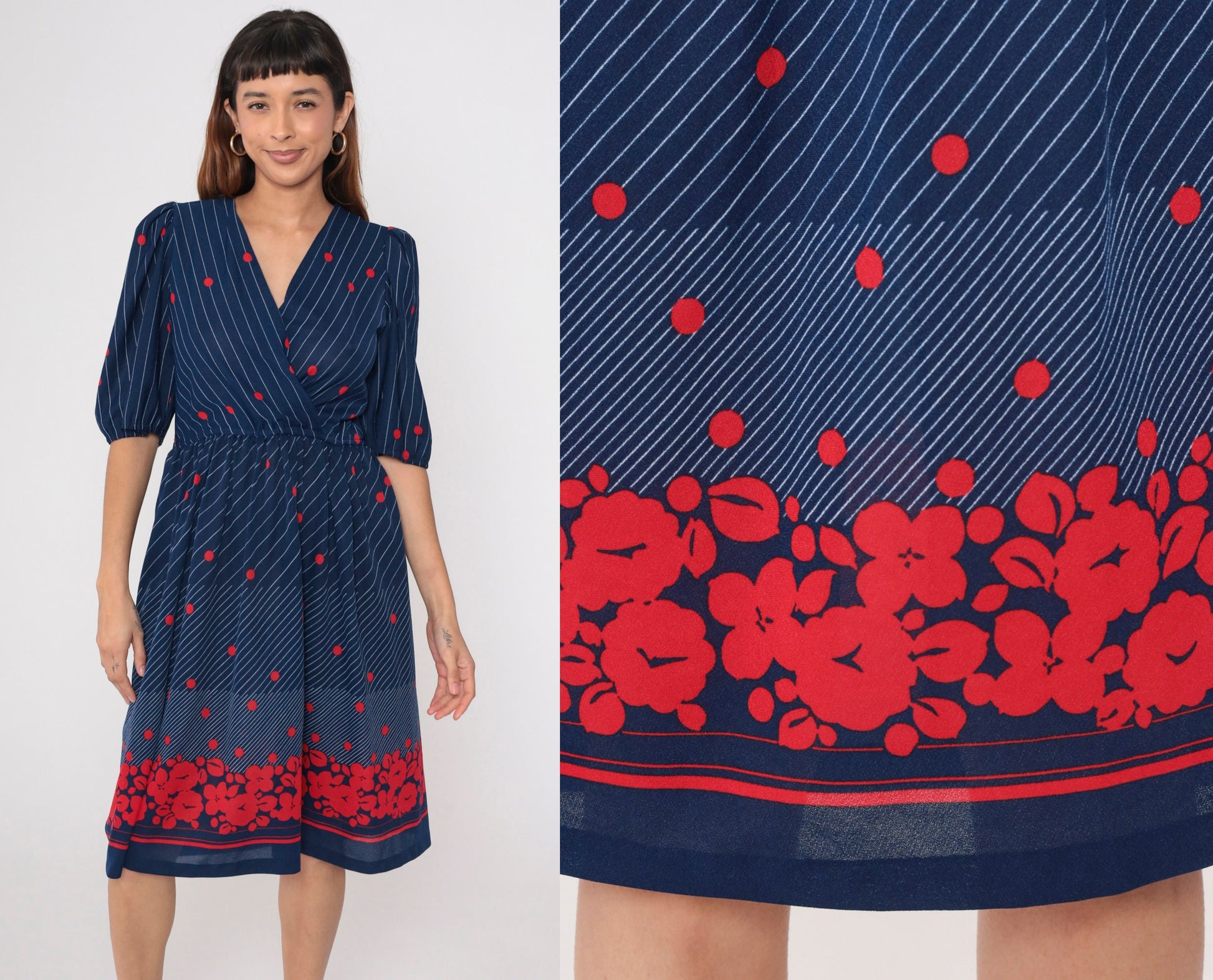 70s Navy Midi Wrap Dress Puff Sleeve Floral Polka Dot Striped Small