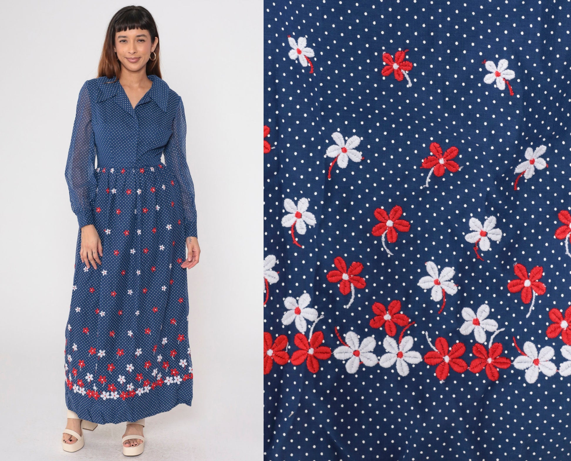 70s Blue Polka Dot Maxi Dress Floral Embroidered High Waist Sheer Sleeve Small