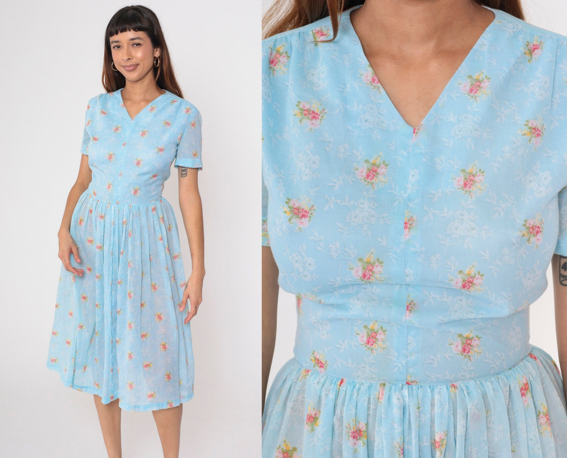 60s Blue Floral Midi Dress High Waisted V Neck Fit and Flare Small