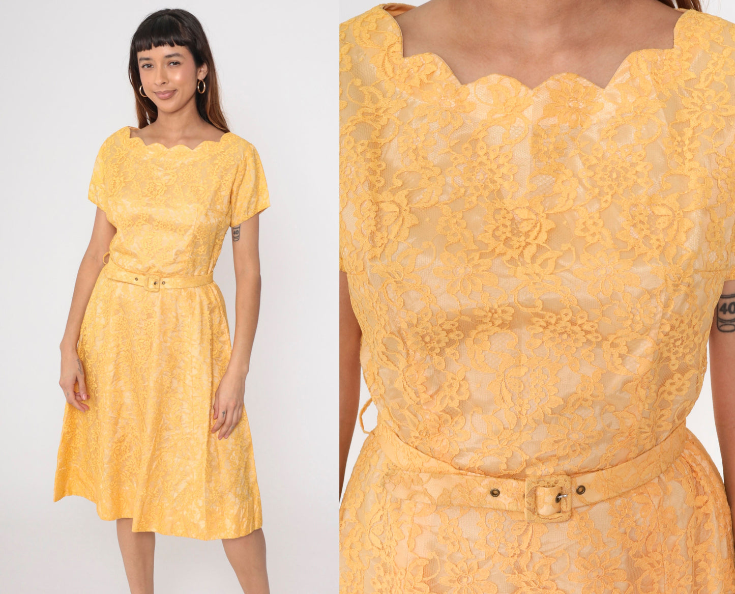 1960s Lace Cocktail Dress Scalloped Neckline High Waist Midi Yellow-Orange Medium 8