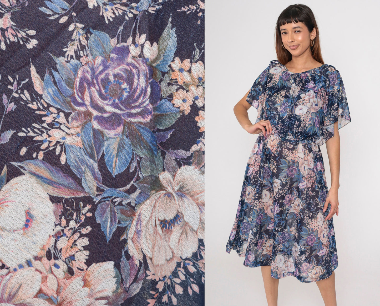 70s Navy Floral Midi Dress Split Flutter Sleeve High Waist Small Medium
