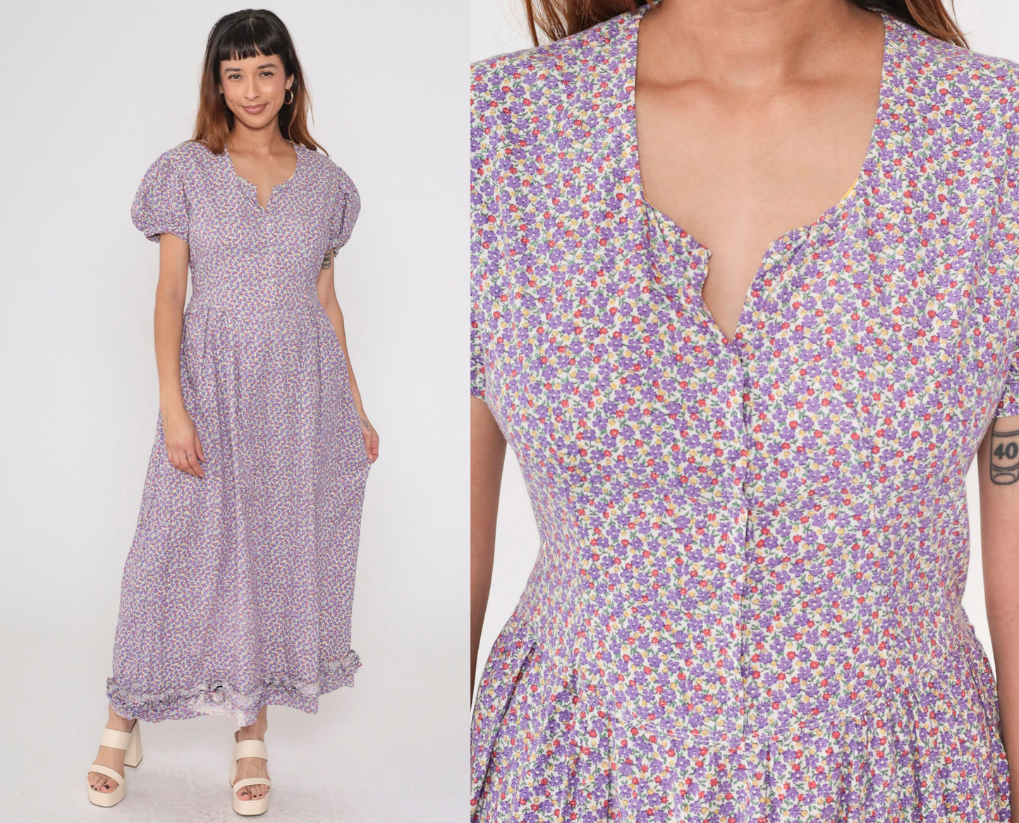 70s Purple Calico Floral Maxi Dress Puff Sleeve Low Waist Medium