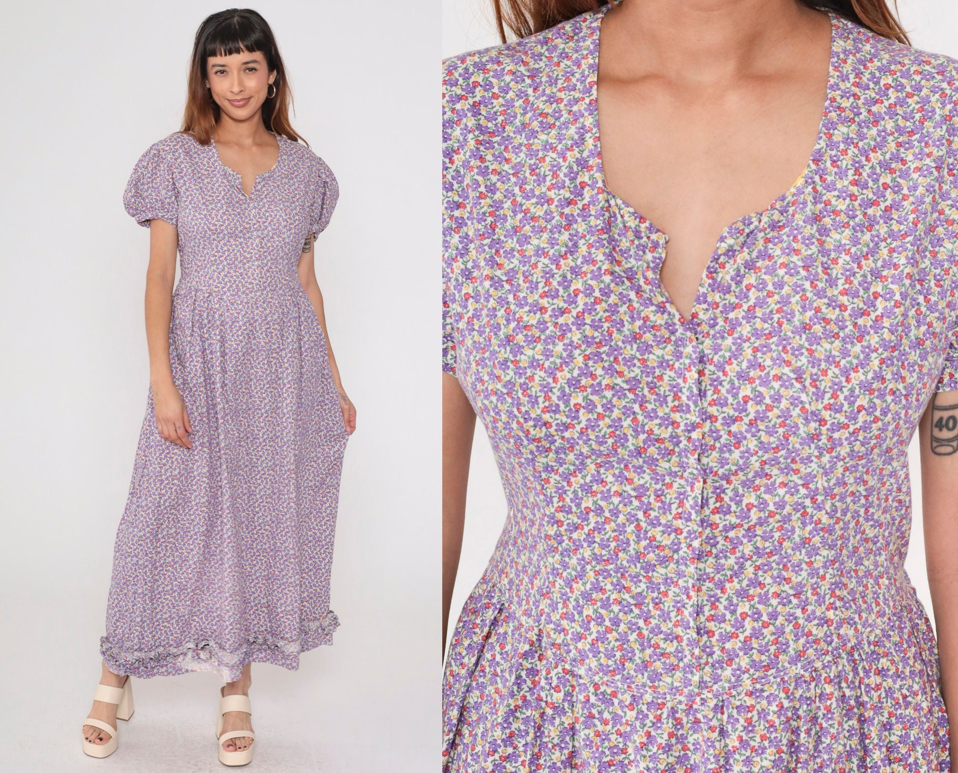 70s Purple Calico Floral Maxi Dress Puff Sleeve Low Waist Medium