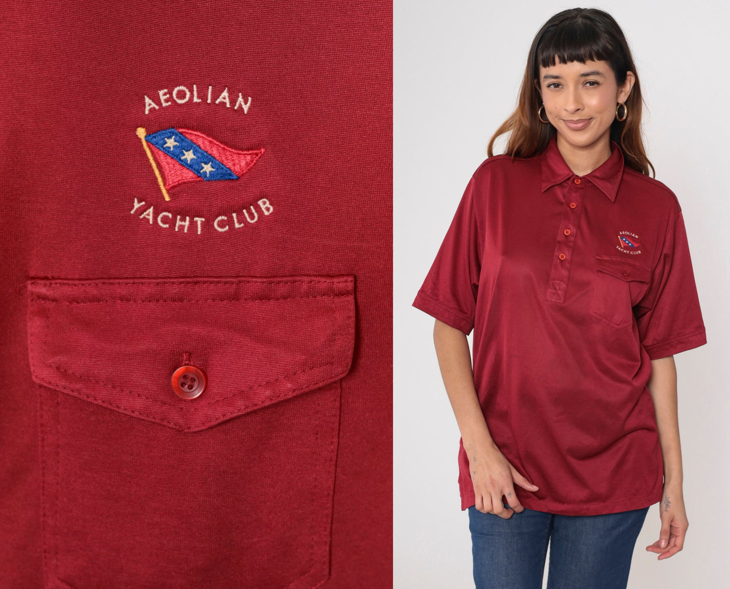 80s Aeolian Yacht Club Polo Shirt Alameda California Embroidered Dark Red Large