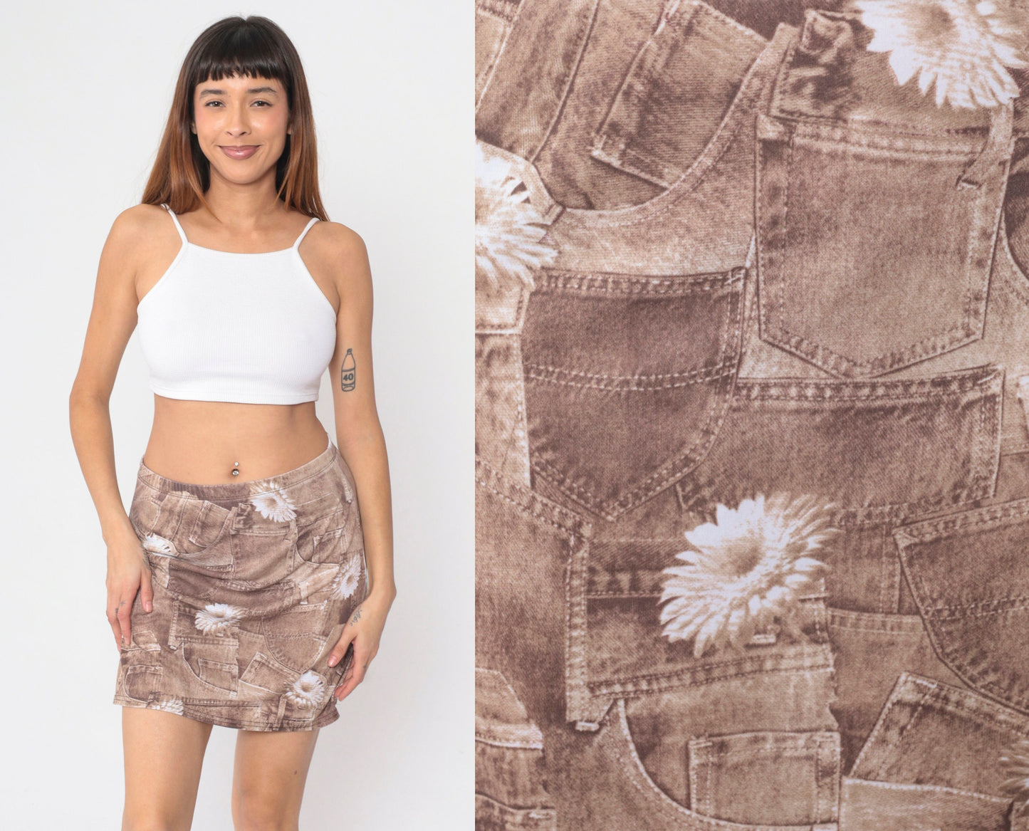 90s Daisy Floral Denim Pocket Mini Skirt High Waist Graphic Print Medium Large