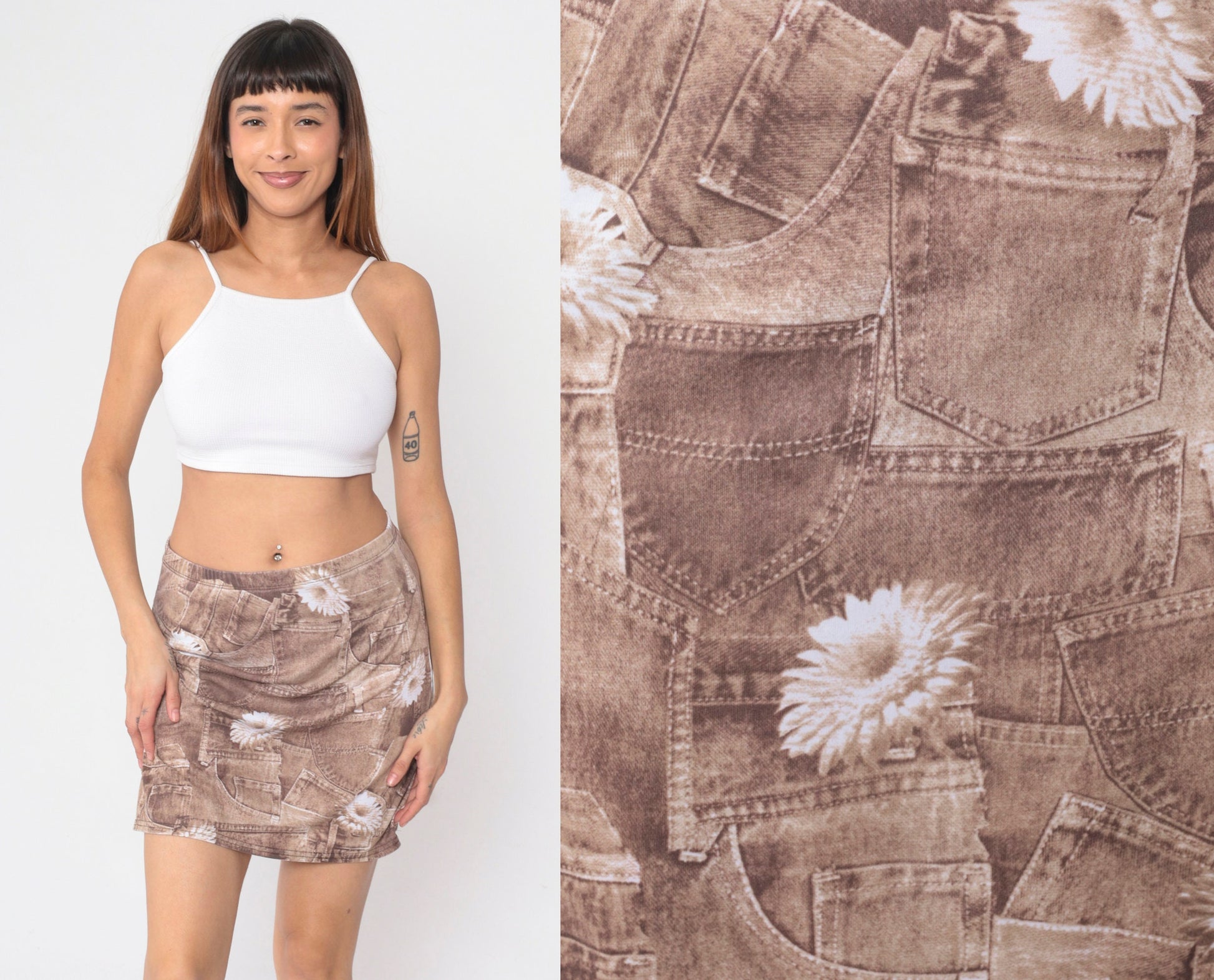 90s Daisy Floral Denim Pocket Mini Skirt High Waist Graphic Print Medium Large